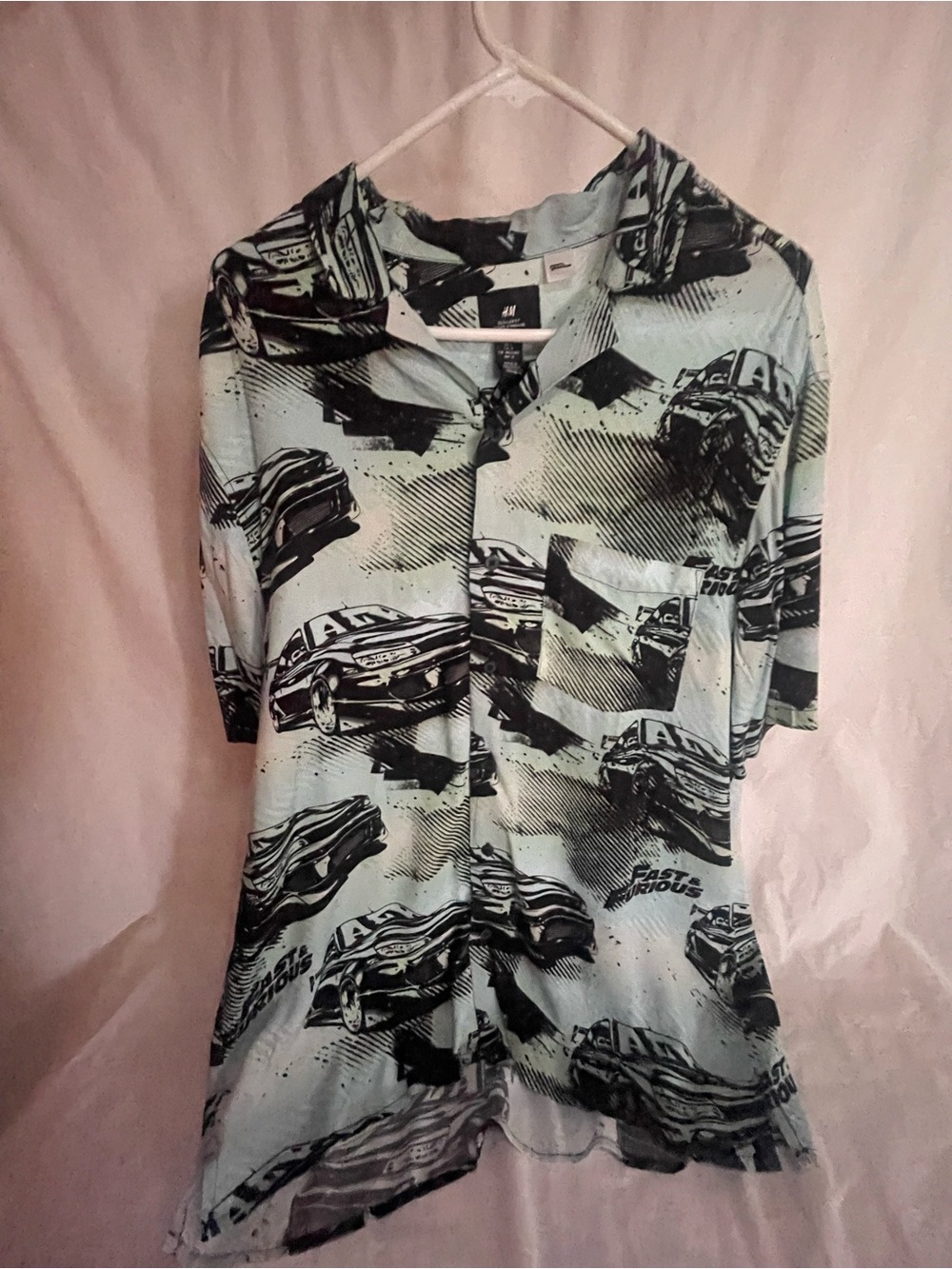 H&M Mint Green Graphic Car Print Button-Up Shirt Fast and Furious